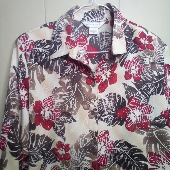 Allison Daley Blouse 16 Button Up 3/4 Sleeve Textured Floral Brown Red - Picture 10 of 13
